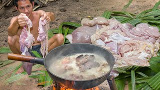 Cooking Whole Pigs Intestines Eating Delicious With Fish Paste In the Forest [upl. by Lash]