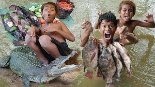 Primitive Technology  Kmeng Prey  Meet Crocodile And Cooking Fish  Eating Delicious [upl. by Aissenav]