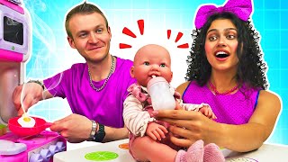 Feeding baby doll amp pretend play cooking toy food for dolls Familyfun video for kids [upl. by Price]