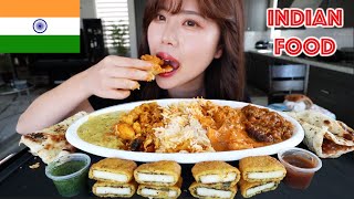 INDIAN FOOD MUKBANG 먹방 Paneer Pakora Veggie Korma Aloo Gobi Chicken Tikka Masala Eggplant Naan [upl. by Teleya291]