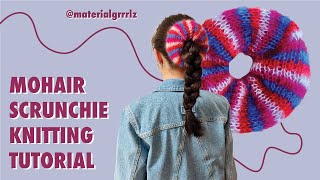 scrap striped knit scrunchie tutorial  mohair scrunchie pattern  beginner friendly knitting [upl. by Lenod]