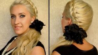 Dutch braid tutorial Party hairstyle for long hair Side ponytail with curls [upl. by Analak352]