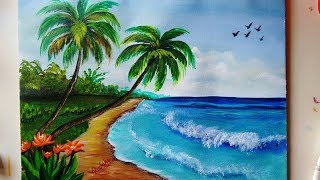 A Beautiful Beach Painting  Seascape Acrylic Painting for Beginners [upl. by Pachton617]