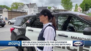 Republican candidate for governor Kelly Ayotte does ridealong with Manchester police [upl. by Nnylodnewg]