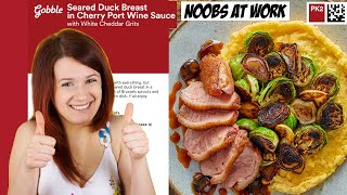 Gobble Review  Seared Duck Breast in Cherry Port Wine Sauce w White Cheddar Grits  Noobs at Work [upl. by Annaya]