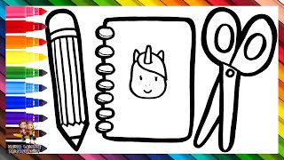 Zeichnen und Ausmalen eines Buches eines Bleistifts und einer Schere ✏️📔🦄✂️🌈 Zeichnungen für Kinder [upl. by Abelard]