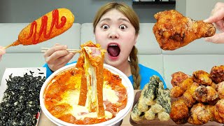 엽떡 로제떡볶이 먹방 SPICY Rose Sauce Tteokbokki MUKBANG 중국당면 베이컨 주먹밥 핫도그 버터꿀봉 하이유의 리얼먹방  HIU 하이유 [upl. by Ellon]