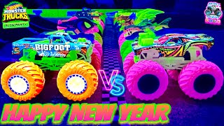 Toy Diecast Monster Truck Racing Tournament  HotWheels Glow in the Dark HAPPY NEW YEARS RACE [upl. by Elihu41]