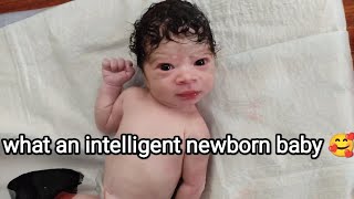 Newborn baby with Beautiful Dark Black Eyes after birth shows how intelligent he will be [upl. by Navnod]