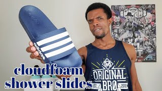 Adidas Adilette Cloudfoam Shower Slides “Cloud White and Navy” On Feet Review AQ1703 [upl. by Ellives]