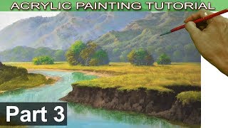 Acrylic Landscape Painting Tutorial on Bigger Canvas  Fields Trees Cliffs and River Bank  Part 3 [upl. by Aicsila]