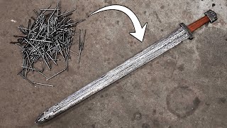 Forging DAMASCUS Viking Sword from NAILS [upl. by Anrim]