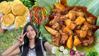 Tender Pork Curry  Puri with Pork  Indian Village Style Pork Curry  Pork Cooking and Eating [upl. by Ethelind]