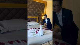 Swan towel decoration  How to decorate bed with swan towel art folding  Towel art [upl. by Kreager]