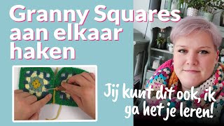 Twee lapjes of granny squares aan elkaar haken  Tutorial haaktechniek  Gek op Haken [upl. by Animrelliug602]