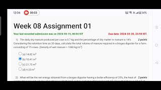 NPTEL Renewable Energy Engineering Solar Wind and Biomass Energy Systems Assignment  8 2024 week8 [upl. by Eycal]