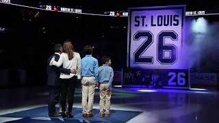 St Louis’ emotional story about Mom as jersey is raised to rafters [upl. by Sirahc]