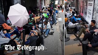 New York migrants sleep on streets as Roosevelt Hotel hits asylum seeker capacity [upl. by Nosemaj4]