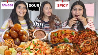 Sweet Spicy 🔥 and Sour Food Eating Challenge  Korean Noodles Golgappa Rasgulla etc Challenge [upl. by Ahsinit572]