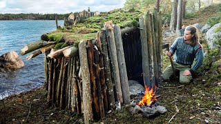 Building a Tiny Cabin 3 Day Beach Bushcraft Camping [upl. by Annaoj]