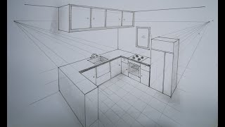 architecture how to draw kitchen in 2 point perspective [upl. by Ahsena]