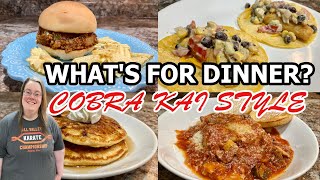 WHATS FOR DINNER  COBRA KAI THEMED RECIPES  BANANARAMA CHOCOLATE CHIP PANCAKES  HAMBURGER BUNS [upl. by Humo]