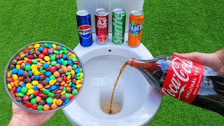 Experiment  MampM Candy VS Big Coca Cola Pepsi Fanta Sprite Popular Sodas and Mentos in toilet [upl. by Tibbitts457]