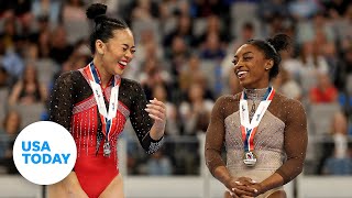 Simone Biles gave Suni Lee words of encouragement after a scary turn on vault  USA TODAY [upl. by Edahs]