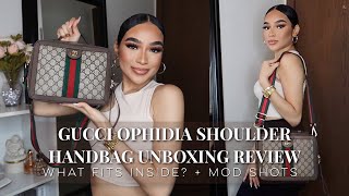 GUCCI OPHIDIA SHOULDER HANDBAG UNBOXING REVIEW  WHAT FITS INSIDE  MOD SHOTS [upl. by Yboc]