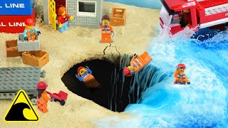 Wave Machine VS Lego City Dock  Surprise Sinkhole  Lego Ship Sinking Tsunami Dam Breach Experiment [upl. by Ardekal]