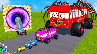 LONG CAR vs Big amp Small Long Bus Spider Lightning McQueen vs Thomas Trains  BeamNGDrive [upl. by Rosalind213]