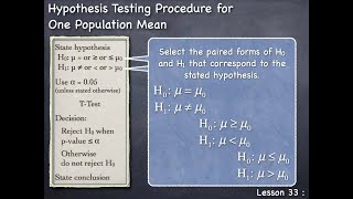 Lesson 33  Hypothesis Testing Procedure for One Population Mean [upl. by Marion]