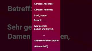 A2 B1 B2 Formeller Brief Adresse Absender Adresse Adressat Stadt Datum Betreff Sehr geehr [upl. by Tosch]