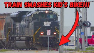 The train SMASHES KIDS BIKE and another KID almost gets run over by train getting loose dog [upl. by Milla757]