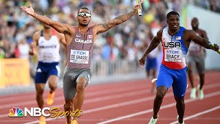 De Grasse DENIES USA gold with epic anchor leg to win 4x100 world title  NBC Sports [upl. by Nnil]