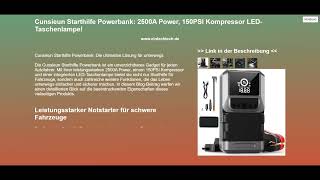 Cunsieun Starthilfe Powerbank 2500A Power 150PSI Kompressor LEDTaschenlampe [upl. by Eaver]