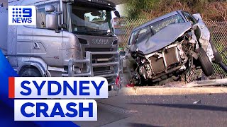 Truck driver questioned after multivehicle crash in Sydney  9 News Australia [upl. by Aernda363]