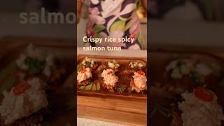 Crispy rice spicy salmon tuna 🍣 crispyrice ceviche spicysalmon [upl. by Refannej232]