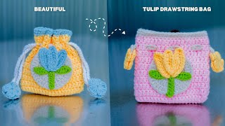 How To Crochet Tulip Drawstring Bag  Easy Crochet For Beginner [upl. by Ativla787]