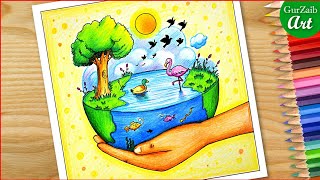 How to draw world wetlands day drawing  wetlands day poster making idea [upl. by Rodmur]