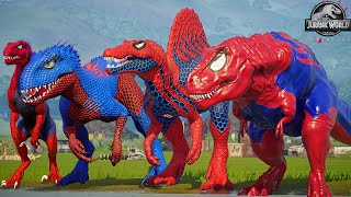 SPIDERMAN Dinosaurs in Jurassic World SuperHero Dinosaur Battle Video [upl. by Aved652]