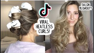 VIRAL TIKTOK HEATLESS CURLS SALON BLOW OUT AT HOME WITH NO HEAT Medium amp Long Hairstyles [upl. by Ynots]