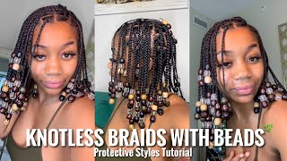 NATURAL KNOTLESS BRAIDS WITH BEADS HAIRSTYLE no added hair  Makiya Banks [upl. by Darrel611]