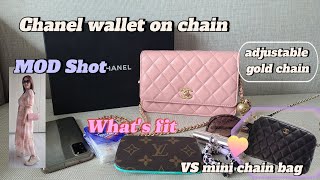 reviewChanel wallet on chainwhats fitcompare to new mini chain bag MOD Shotwoc luxury bag [upl. by Atnomed]