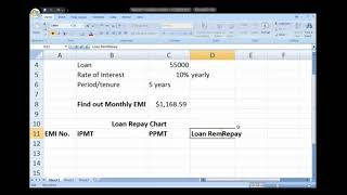 EMI Calculation and Loan repayment table in Excel Financial Functions [upl. by Rimidalv]