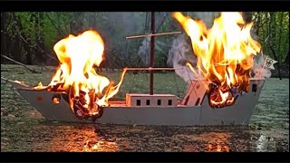 Cardboard sailing ship on fire Ship model burning and sinking [upl. by Avril]