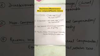 Enantiomers Diasteriomers Mesocompound Racemic mixture goc neet chemistry shorts ncert [upl. by Urania530]