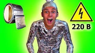 HOW TO BE BECOME INVULNERABLE TO ELECTRICITY completely wrapped in foil [upl. by Waynant]