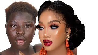 ⬆️BOMB😱 VIRAL😱 MUST WATCH🍫 MELANIN DARK SKIN BRIDAL MAKEUP AND BRIDALHAIR TRANSFORMATION [upl. by Lamoree]