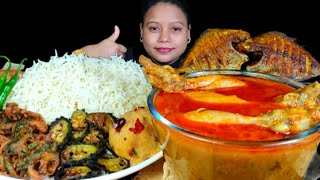 EATING SPICY CHICKEN DALCHA CURRY WITH BASMATI RICE FISH FRY ALOO BHARTA KARELA FRY amp PAKODA ASMR [upl. by Gyasi]